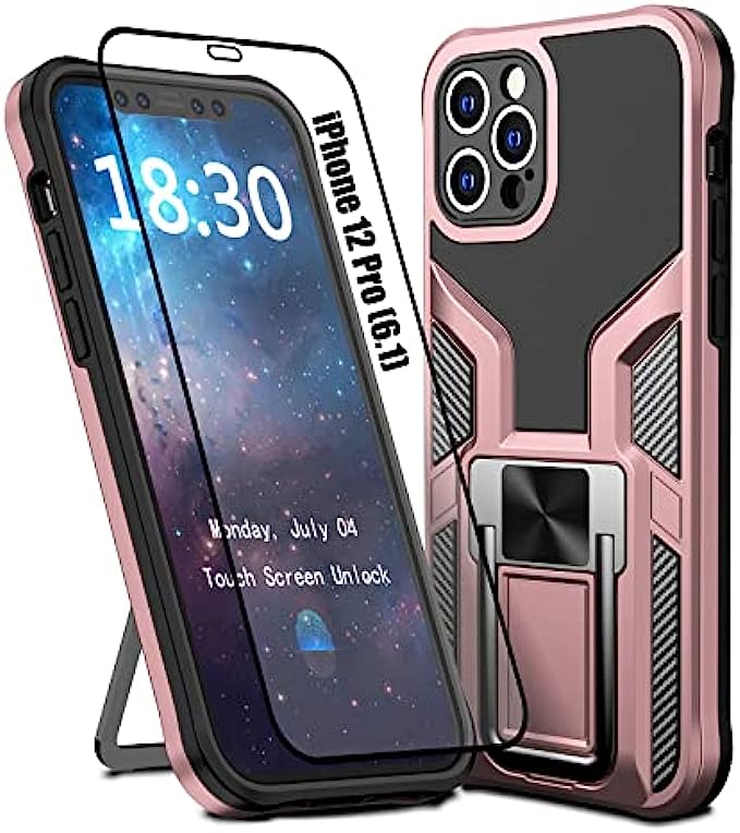 LMDAMZ Compatible iPhone 12 Pro Anti-Fall,Heavy Duty Military Grade Shockproof Kickstand Case Double Protection (TPU+PC) Solid and Durable Magnetic Car Phone Case, Suitable for 6.1 Inches (Rose Gold)