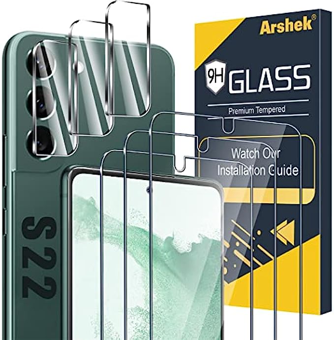 Arshek [3+3 Pack] Glass Screen Protector for Samsung Galaxy S22 5G, 9H Tempered Glass, Ultrasonic Fingerprint Compatible, HD Clear, Case Friendly for Galaxy S22 Glass Screen Protector