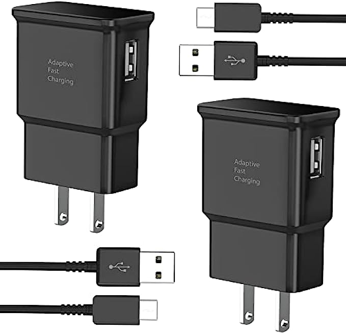 Adaptive Fast Charger Kit with USB Type C Cable 6.6ft Compatible with Samsung Galaxy S8/S8 Plus/S9/S10/S10 Plus/S10E/ S20/S20 Plus/S21/S21 Ultra/S22/Note 8/Note 9/Note 10/Note 20 2-Pack