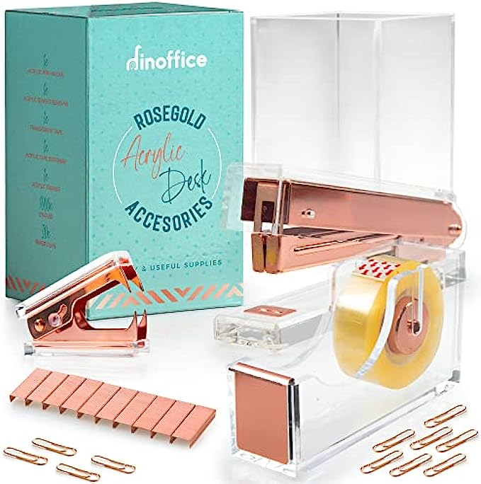 Rose Gold Office Supplies and Accessories - Cute Desk Pink for Women Acrylic Pen Holder Clear Organizer Tape Dispenser Stapler Pencil Holders Organizers Aesthetic Marker Staples Supply Girl Boss Set