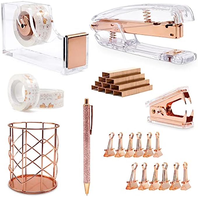 BOMEI PACK Rose Gold Office Stapler Set, Tape Dispenser with 3Rolls Transparent Tape, Staple Remover with 1000 Staples and 12 Binder Clips, 1 Pen and Pencil Holder, Acrylic Gold Desk Accessory Kit